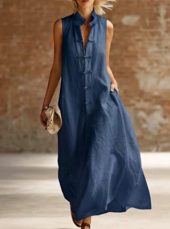 Women Stand Collar Frog Button Linen Sleeveless Loose Maxi Dress