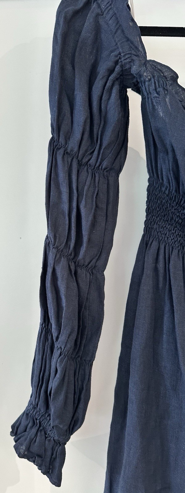 Sleeper Michelin Linen Dress M Navy Blue Smocked Waist Puff Sleeve Midi Ukraine