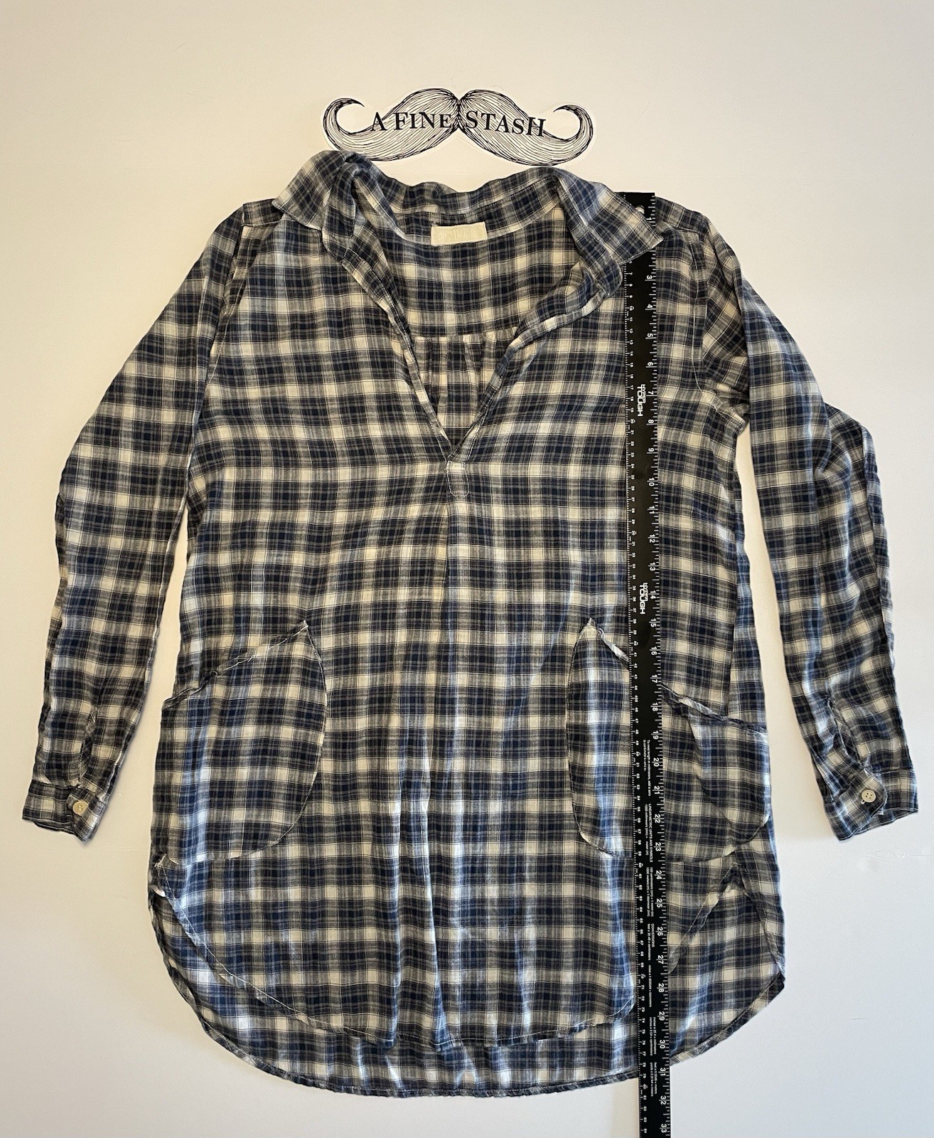 CP Shades Plaid Cotton Tunic Top Dress Blue White Pockets Pullover Women XS USA