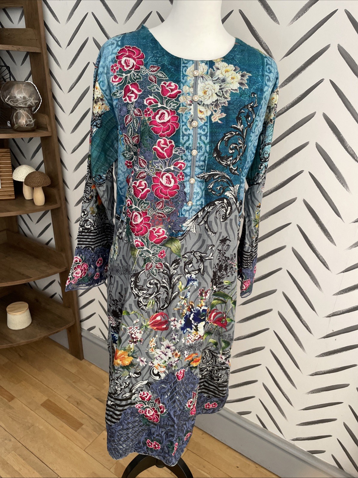Vintage Floral Kaftan Tunic Boho Ethnic Embroidered Baroque Multicolour Large