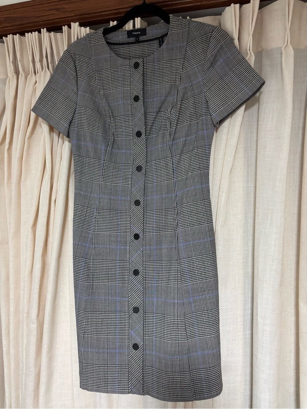 Theory Wool Gray Plaid Button-Front Mini Dress