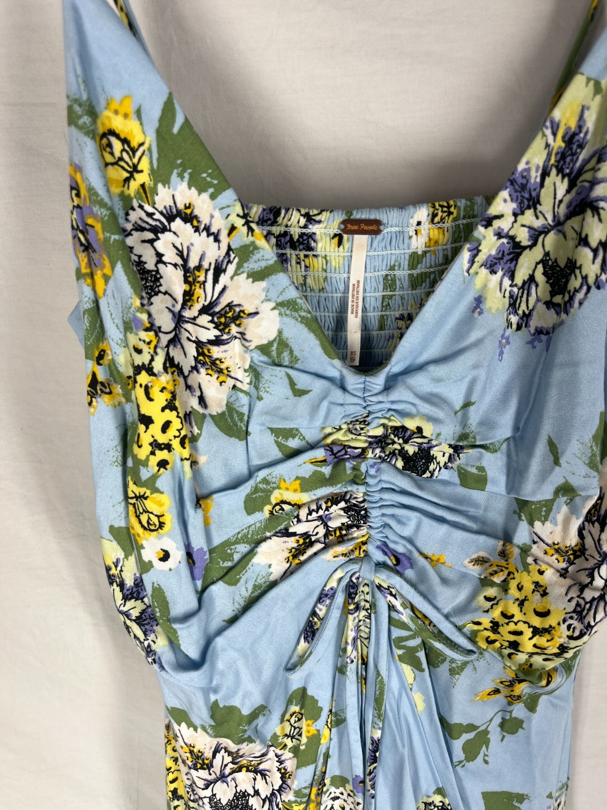 FREE PEOPLE Happy Heart Ruched Mini Dress Sz XS V-neck Strap Floral Print Boho