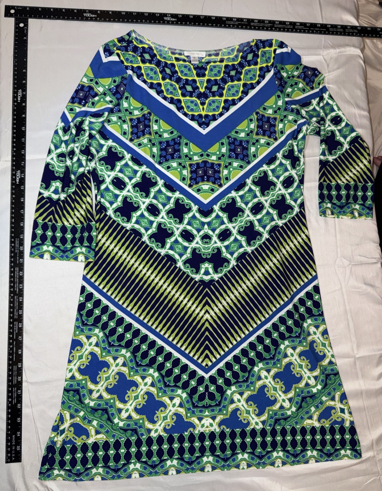 London Times Multicolor Geometric Print 3/4 Sleeve Dress Size 14