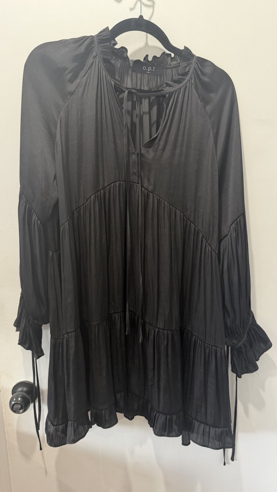 OPT Black Pleated Mini Dress Long Sleeve Tie Neck Ruffle Accents Size M