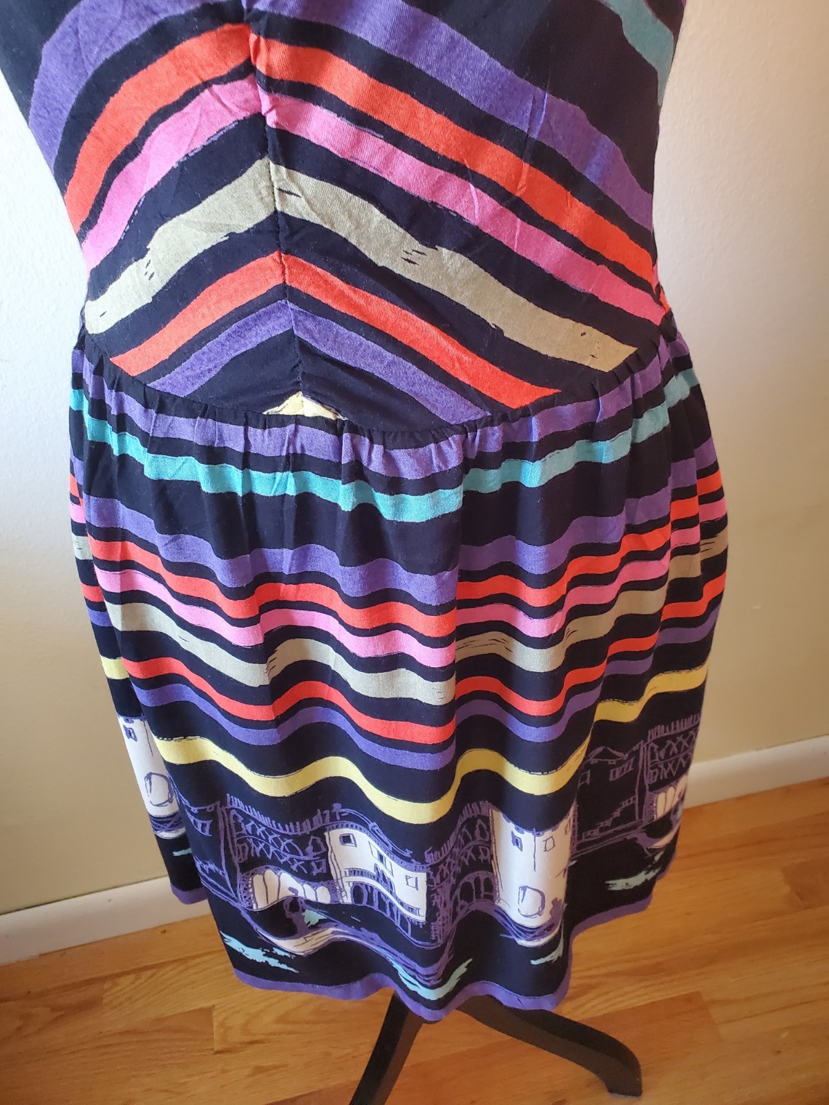 Anthropologie Women’s S Striped Mini Dress Tie Back Side Pocket Black/Multicolor