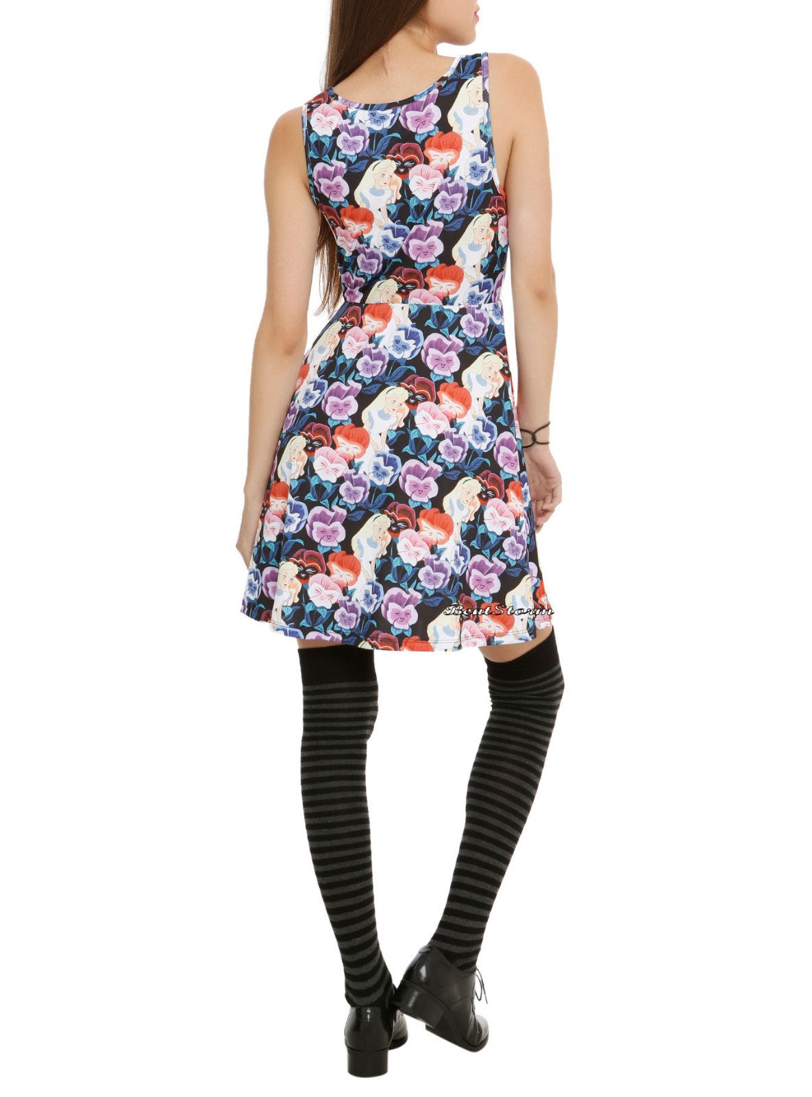 Disney Alice in Wonderland Pansies Flowers Fit & Flare Skater Dress JRS S-M NWT