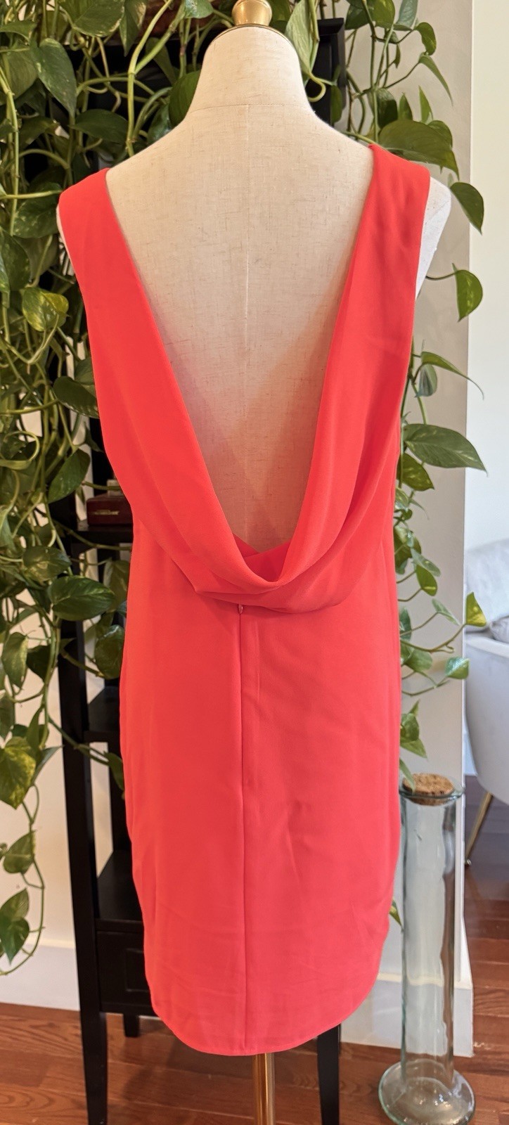 Sz 6 Coral Orange BCBG Maxazria Cowl Low U Back Mini Dress Tank Backless Silk