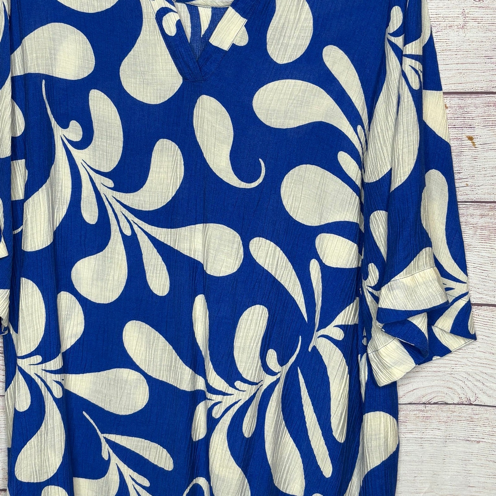 Umgee Tropical Blue & White Floral Flowy Loose Shift Collared Dress Size Small