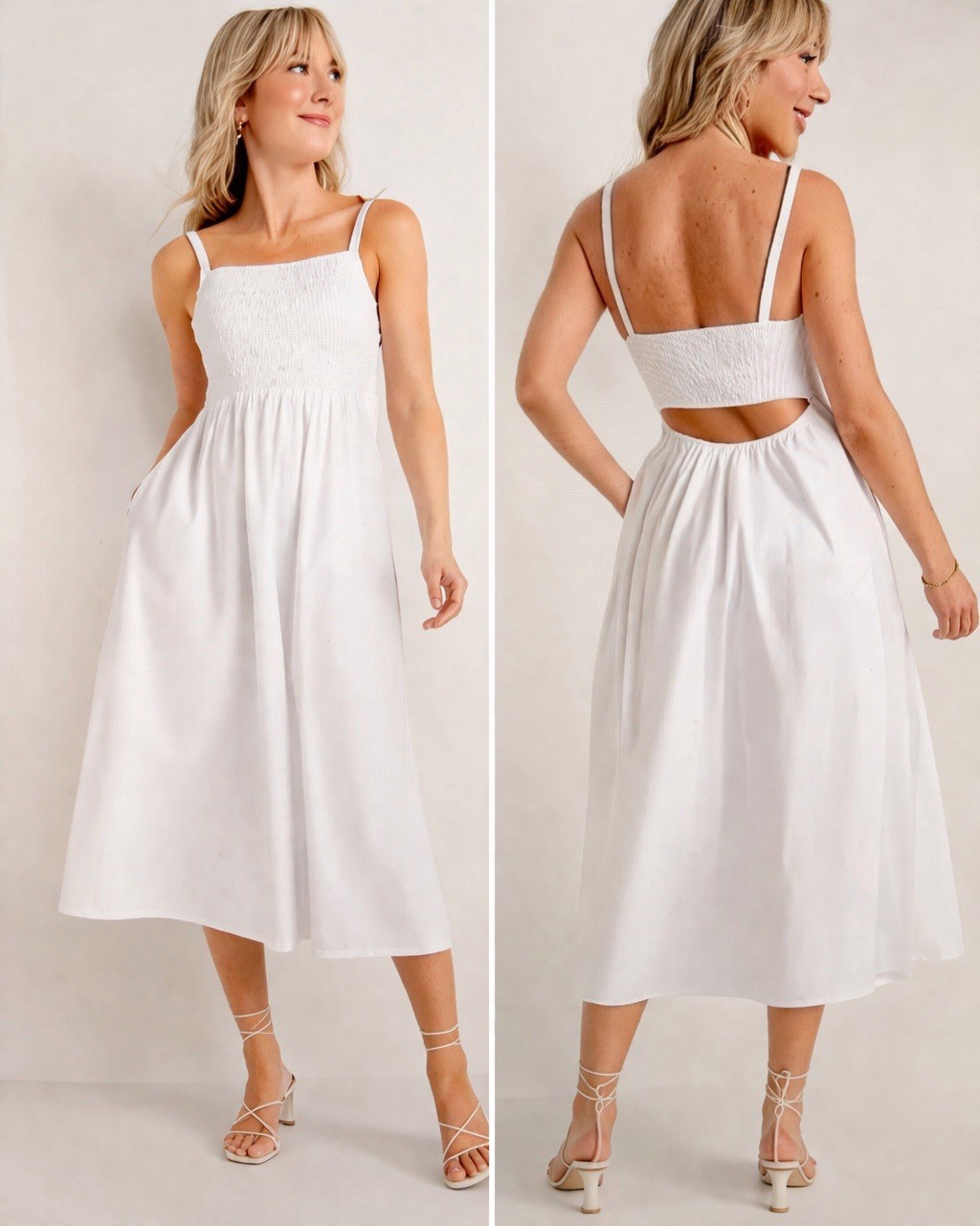 Old Navy Smocked Midi Poplin Dress Open Back Fit & Flare Sleeveless White Cotton