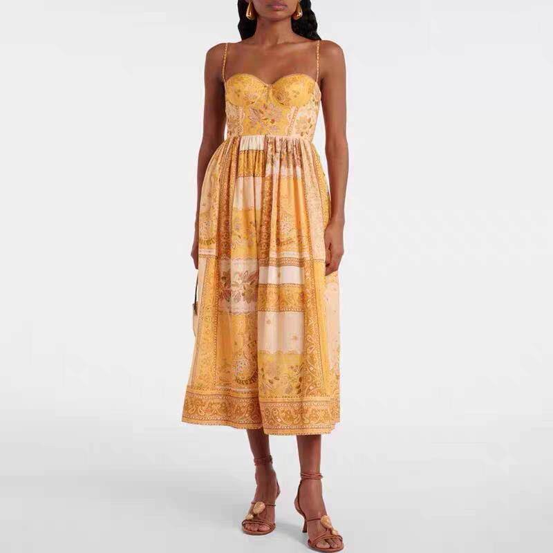 NWT Zimmermann Corset Printed Cotton Midi Dress Yellow Scarf Print