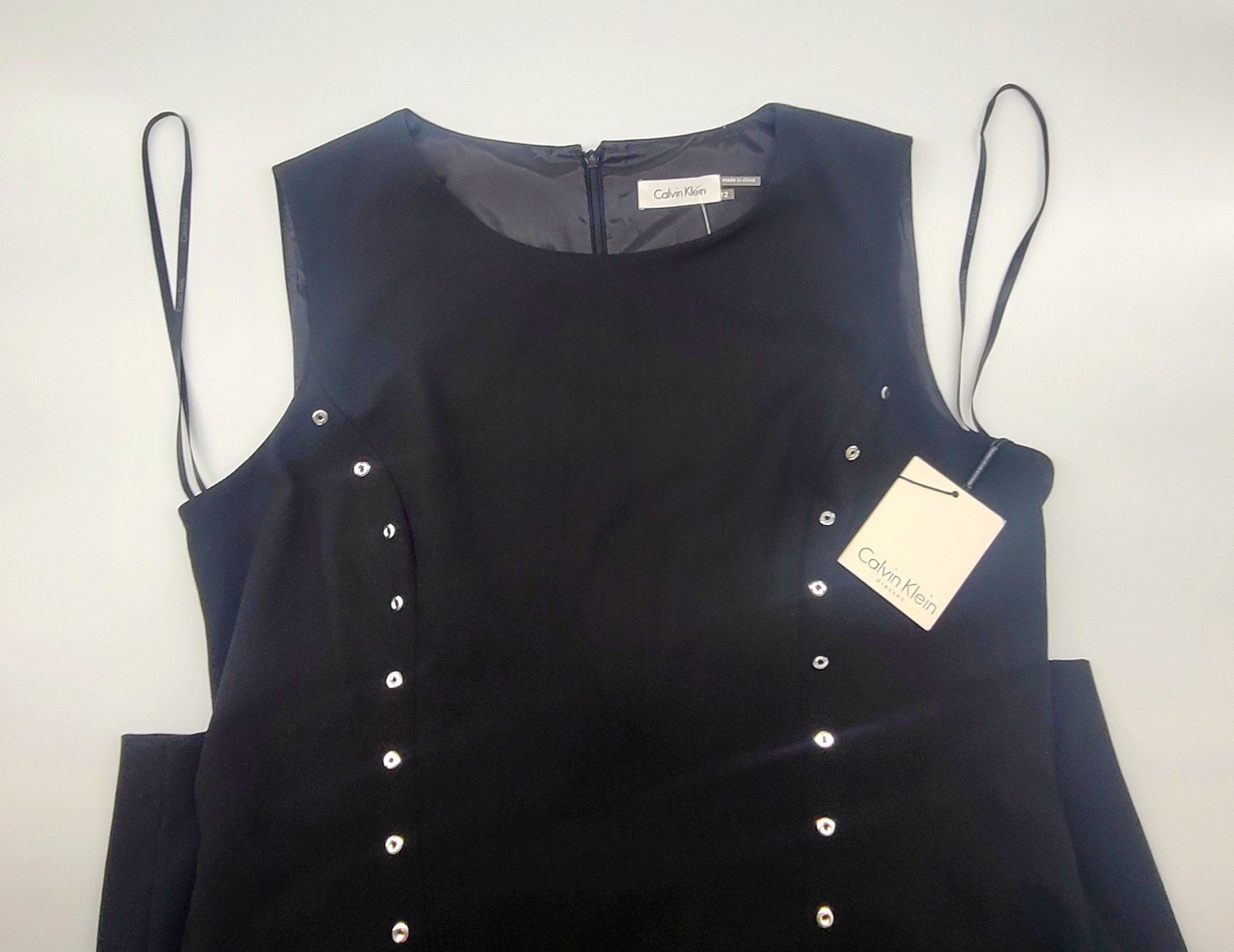 Calvin Klein Dress 12 Black Sleeveless Sheath O-Ring Grommet Career NWT CD3X1B35