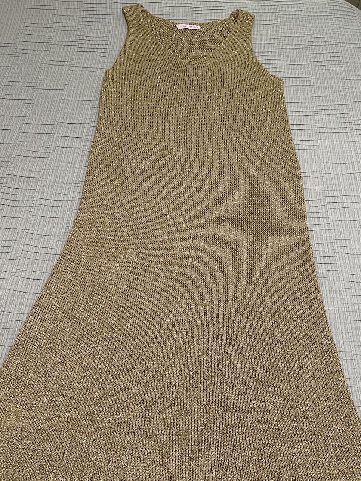 Yunika Gold Metallic Knit Tank Dress Sparkle Sheer Beach Cover Up Sz M/L Italy