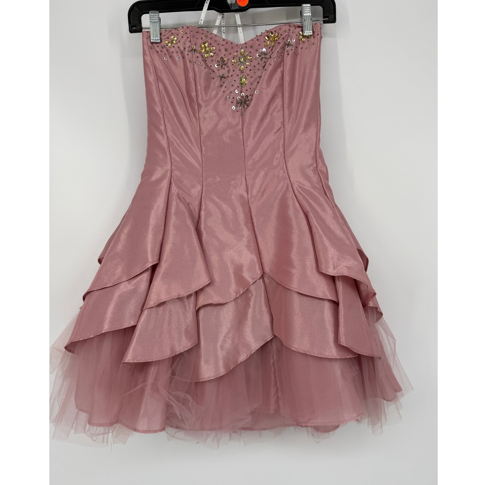 Y2K Dusty Rose Fairy Prom Dress Strapless Beaded Tulle Ruffle Mini Coquette