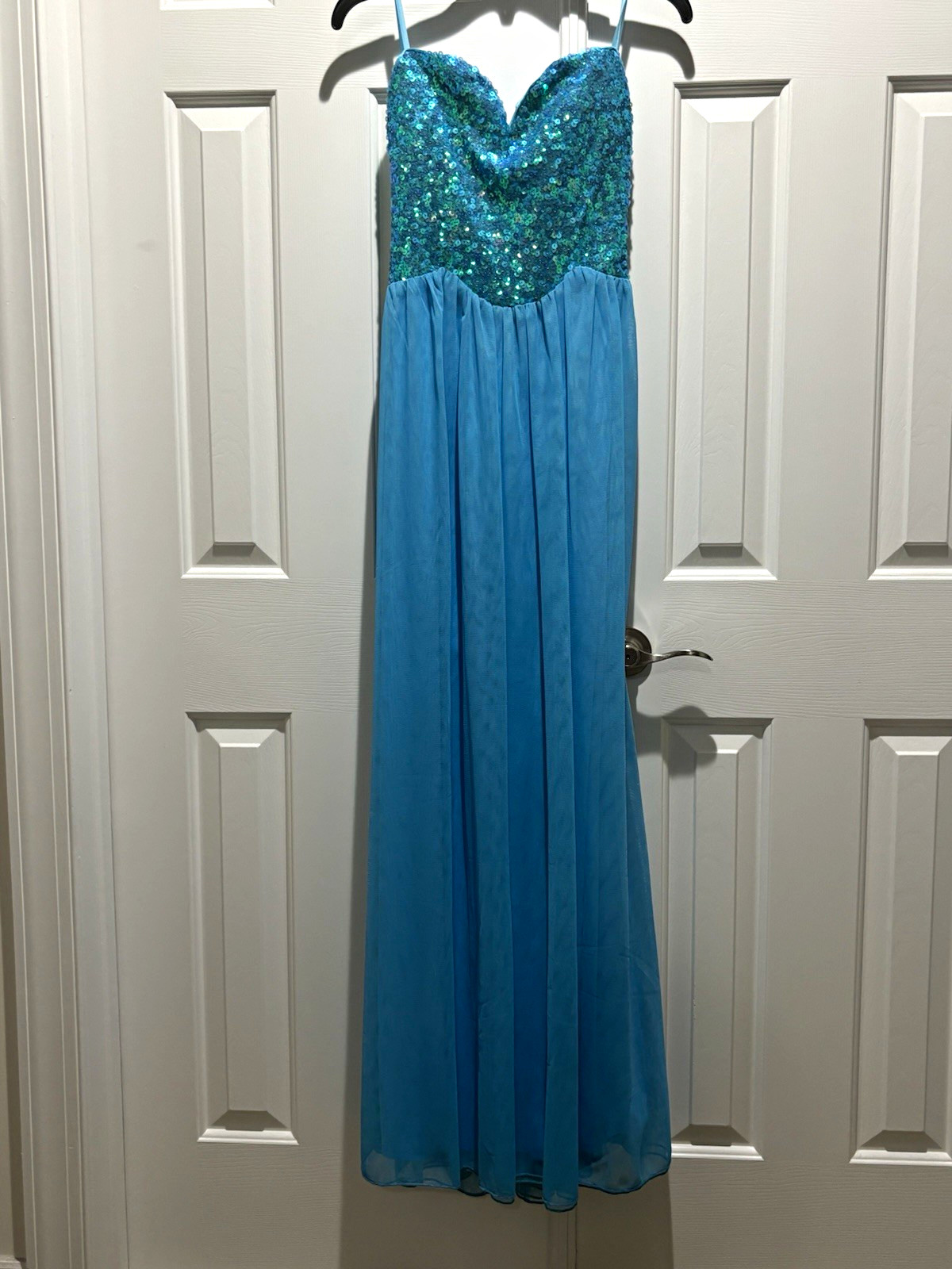 As U Wish Blue Sequin Bodice Chiffon Maxi Gown Sweetheart Spaghetti Strap S