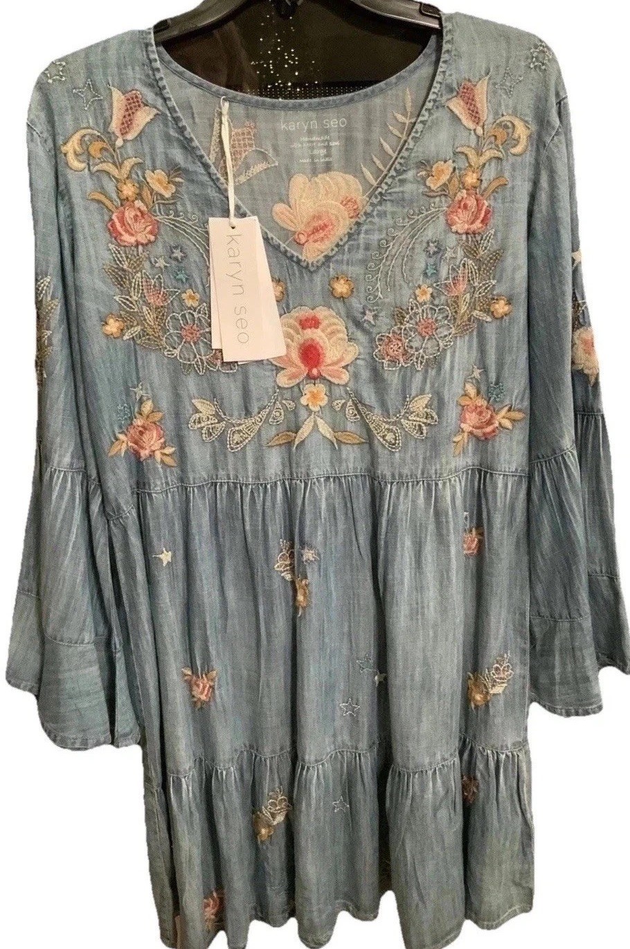 Karyn See Lightweight Denim Embroidered Dress L Bohemian Handmade India