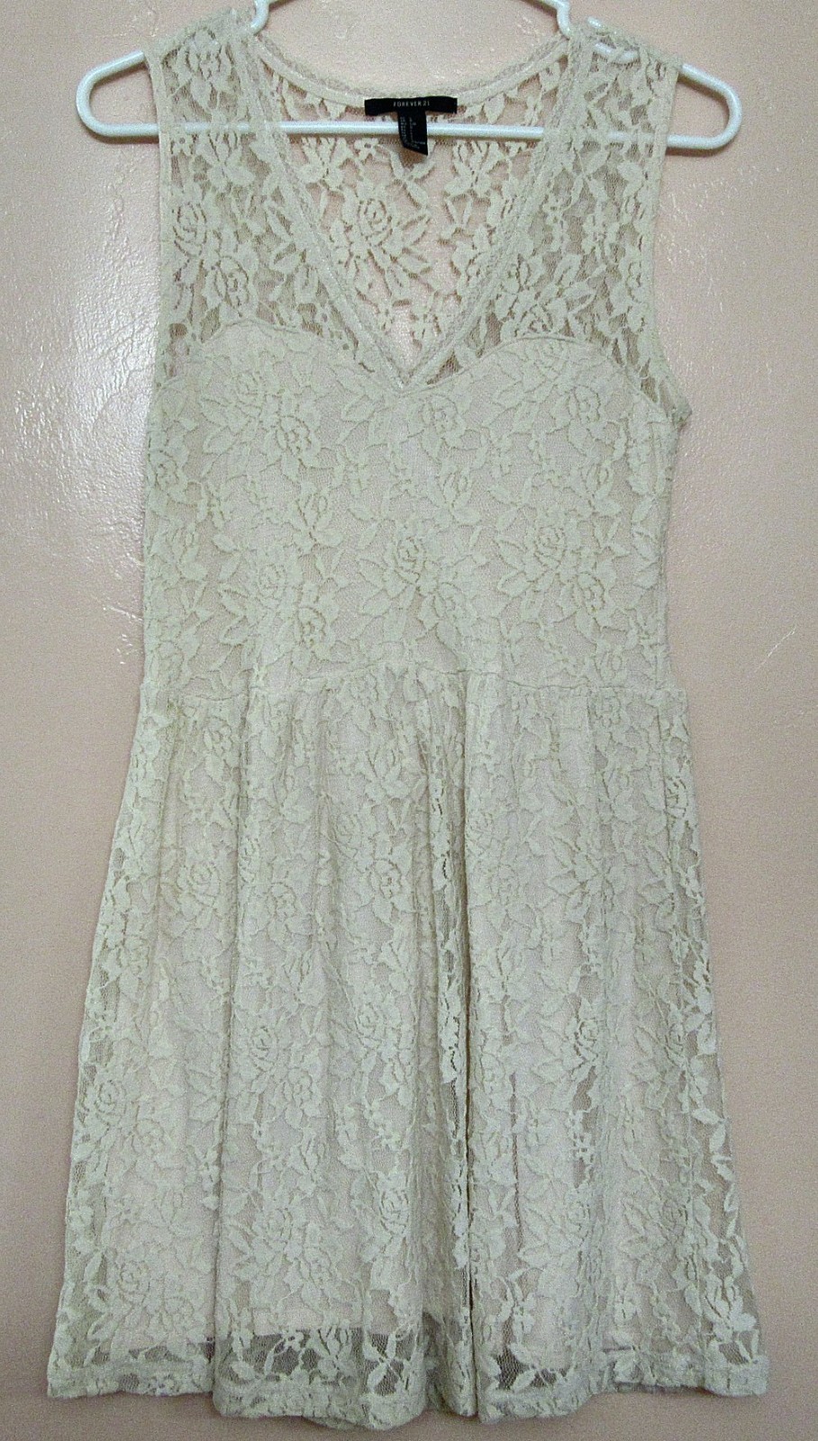 Forever 21 Women’s sz L stretch floral lace fit and flare lined mini dress pink