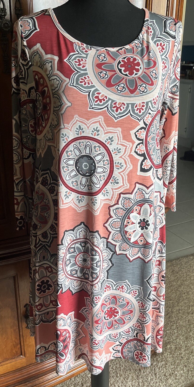 42POPS Womens Dress Small Pink Swing 3/4 Sleeve Soft Flowy BOHO Mandala