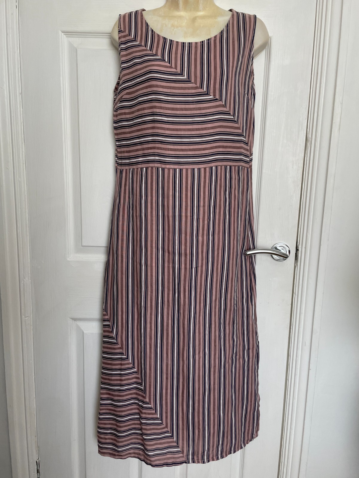 Via Signoria 100% Linen Dress Size Small S Italy Pink Navy Striped summer Midi