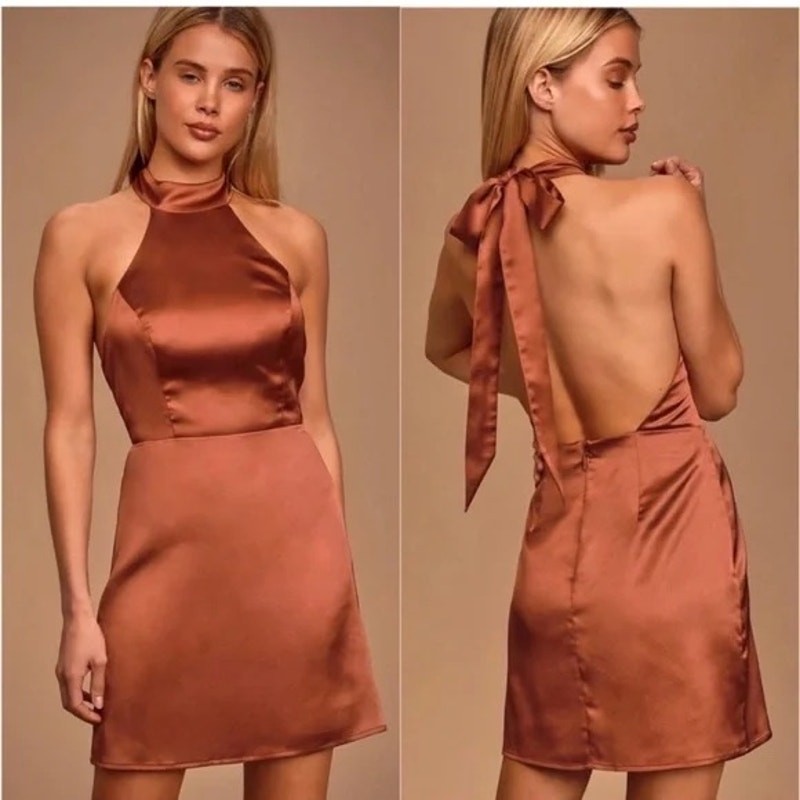 NWT Lulu’s Celebrate Me Satin Halter Mini Dress M Copper