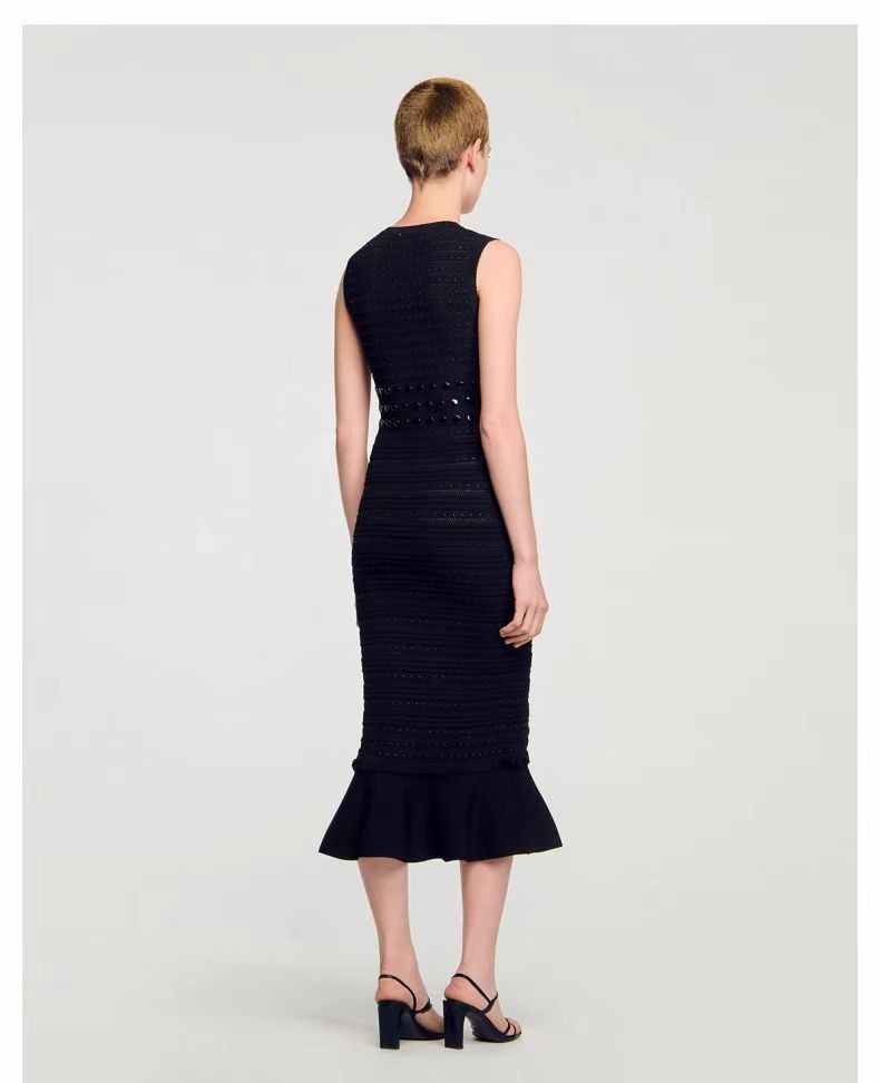 Sandro Nail bead Ruffled edge Knitting Fishtail vest dress Women’s Dresses