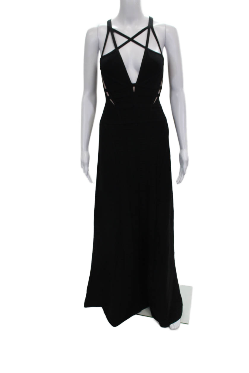 Herve Leger Women Maxi Halter Black Sleeveless Rayon Zip Dress Size M