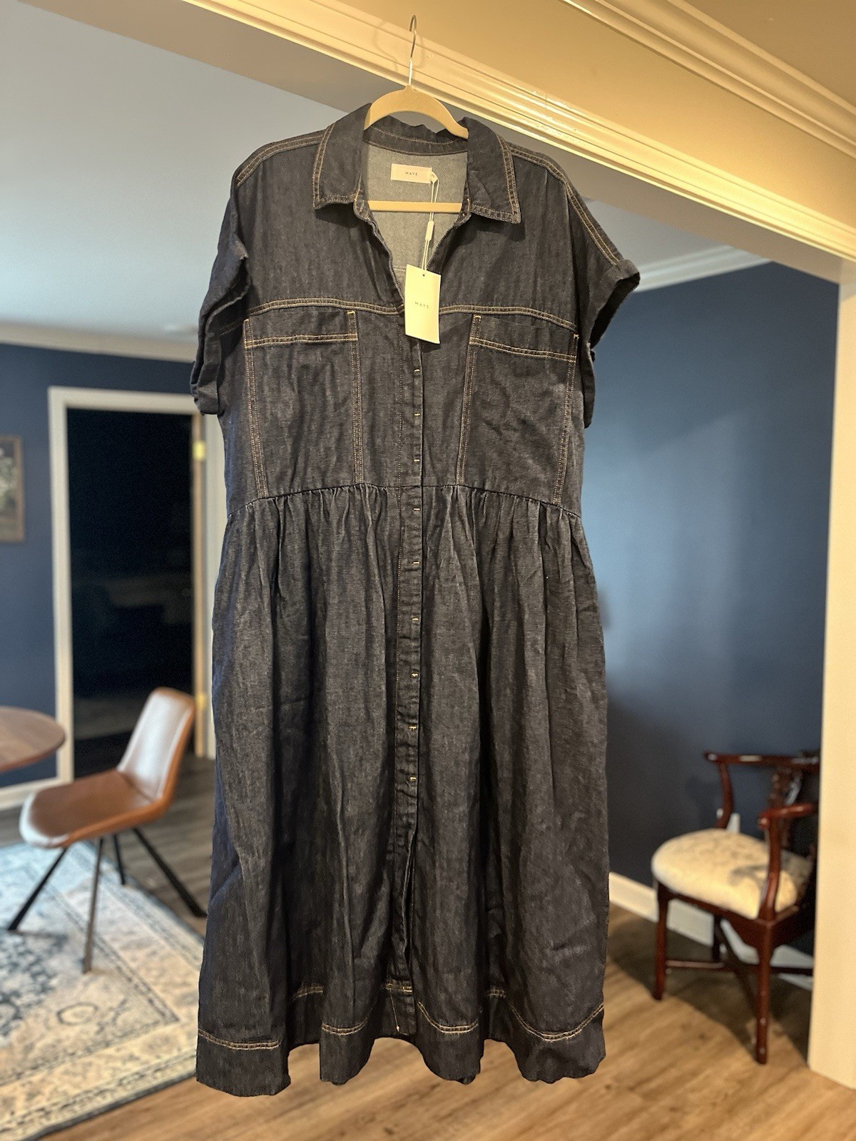 MAYE Harper Denim Shirt Dress Collared Short Sleeve Button Front Blue 2XL Midi