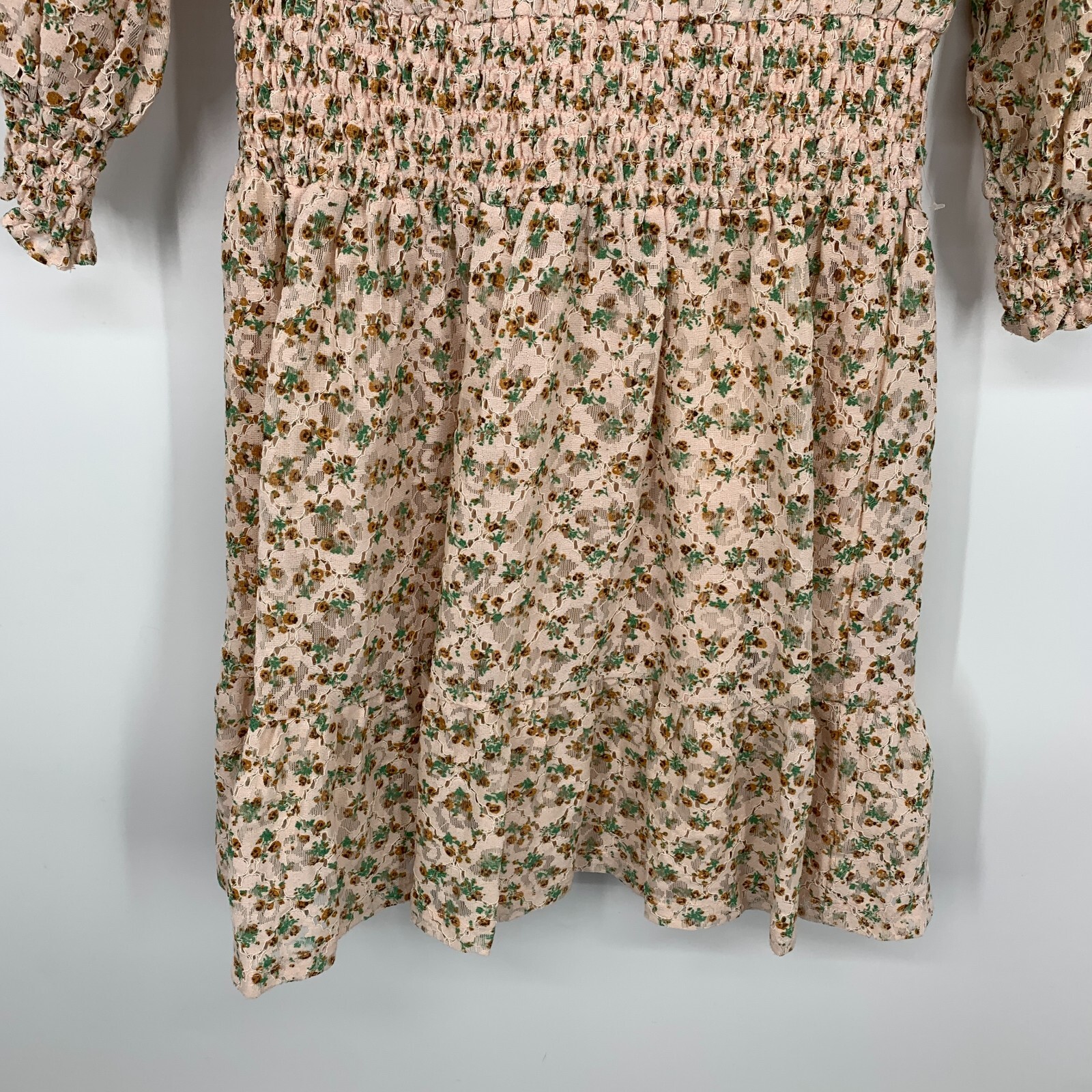 NSR Dress Womens Size Small Floral Print Lace Smocked V Neck 3/4 Sleeve