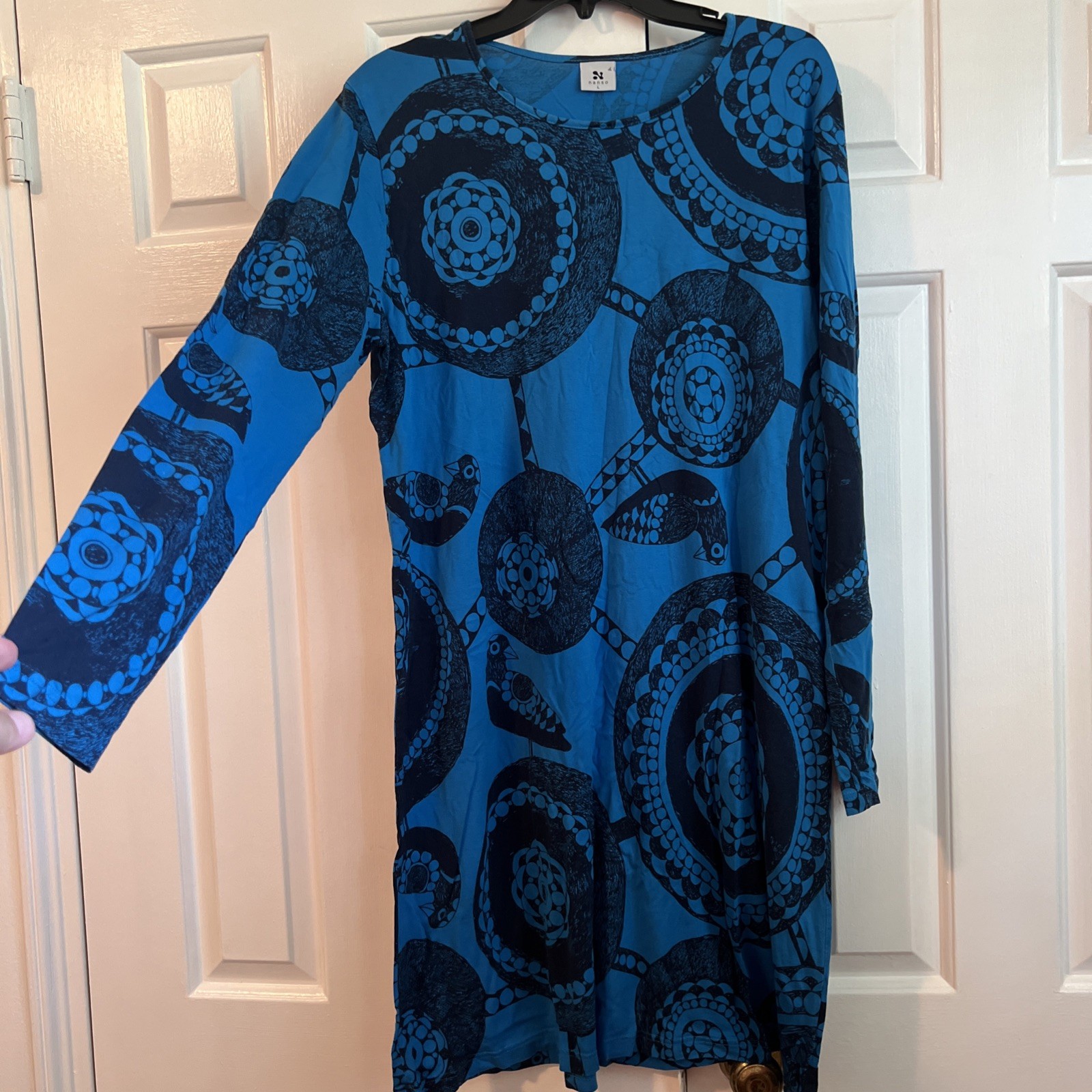 Nanso Finland Dress L 8-10 Blue Nature Birds Finnish Design Long Sleeve Cotton