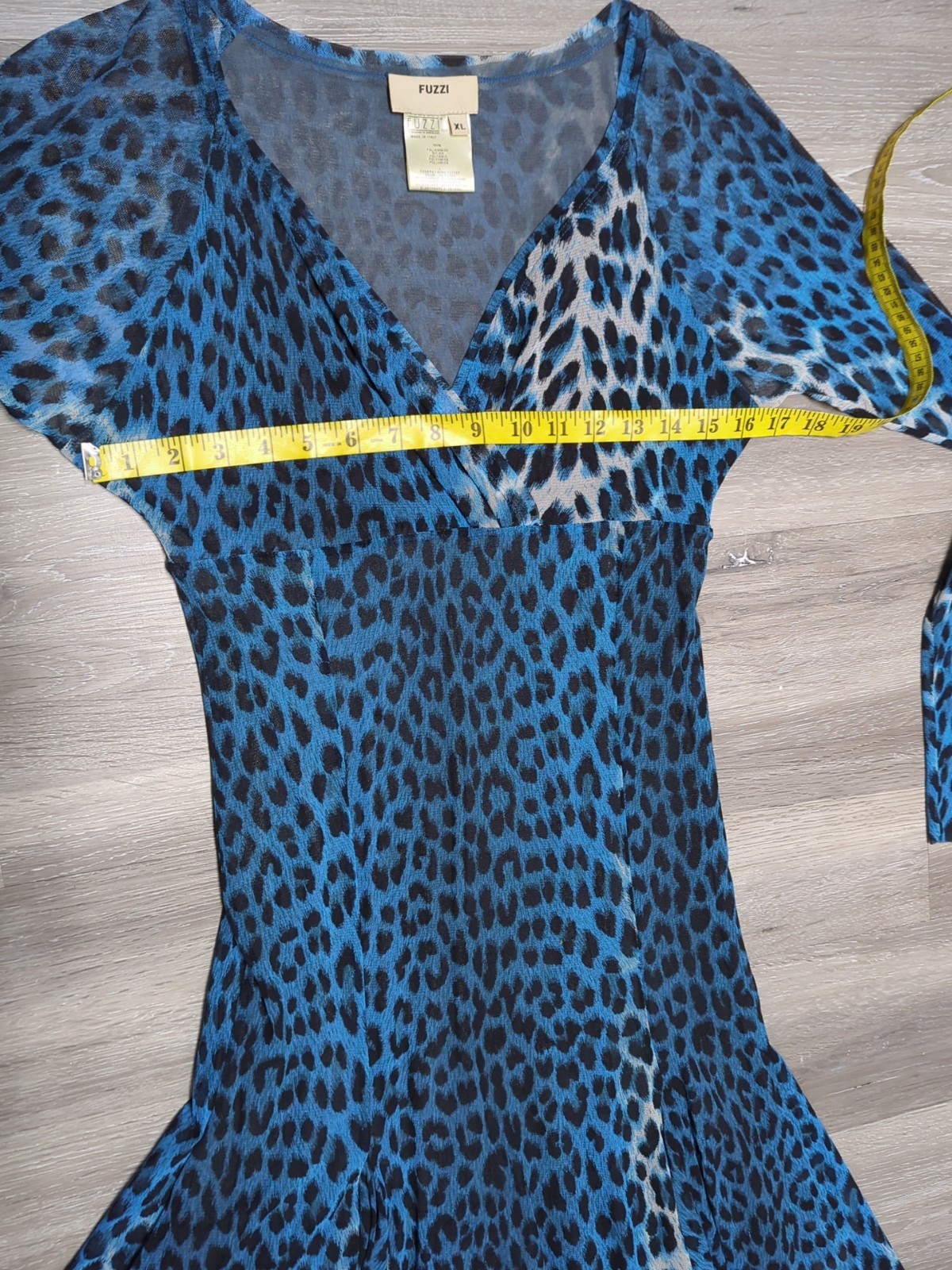 Fuzzi Jean Paul Gaultier Mesh Dress Size XL JPG Blue Leopard Print Sheer Sleeve