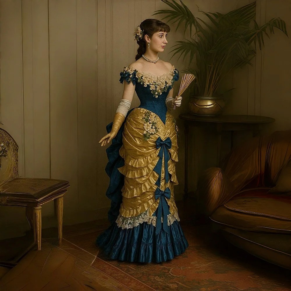 Elegant Victorian Prom Dress Gold And Navy Ruched Floral Appliques Evening Gowns