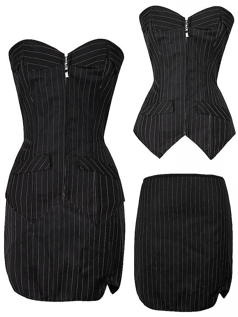 Women Satin Overbust Sexy Striped Corset Set with Mini Skirt Bustier Bodyshaper