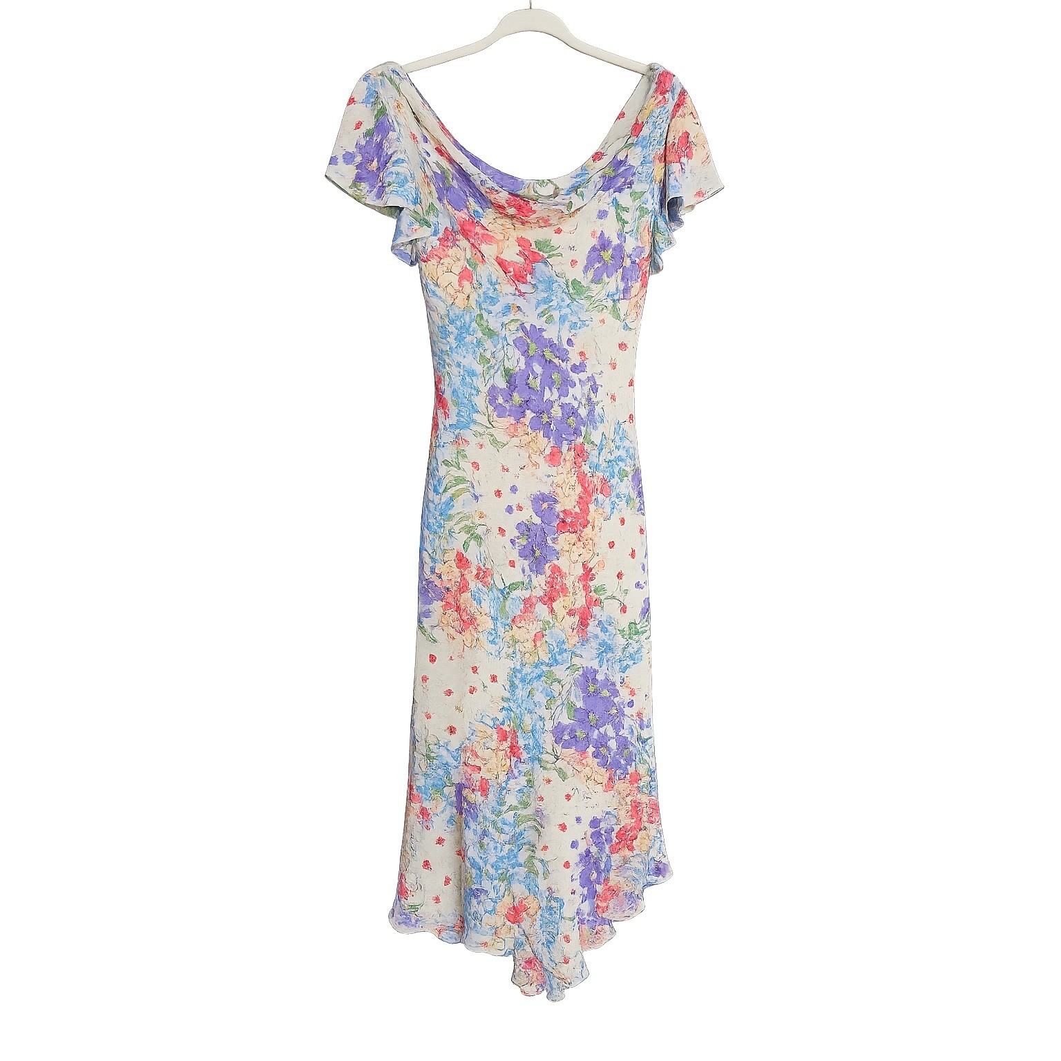 SL Fashions Floral V-Neck Flutter Sleeve Asymmetrical Hem Midi Dress Size 10
