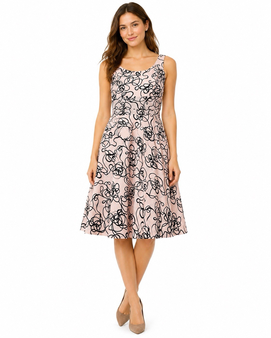 Karin Stevens Cotton Fit & Flare Dress Size 12 Pink Black Abstract Midi