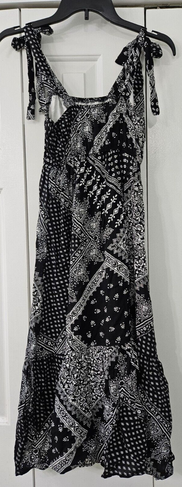 Aqua Bandana Print Blouson Midi Sundress Women’s S Black/White Shoulder Tie NWT