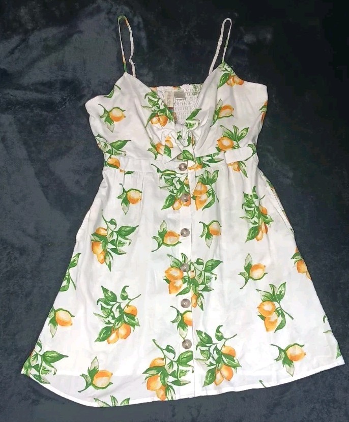 Mimi Chica Sleeveless Mini Sundress XL White Lemon Print Tie Front Keyhole Boho