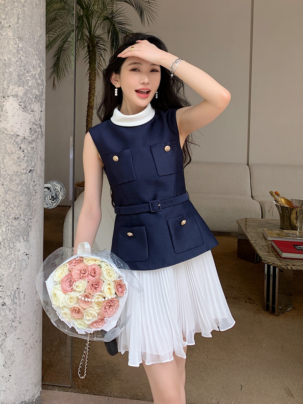 Self-Portrait Two fakes Sleeveless Stand-up collar dress Pleated chiffon dress