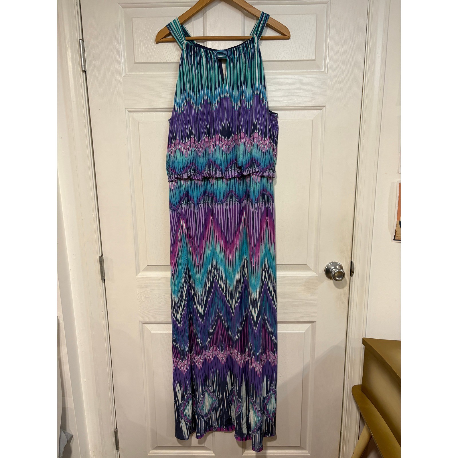 Chicos Purple Blue Ikat Chevron Halter Maxi Dress XL 16 Blouson Bright Colorful