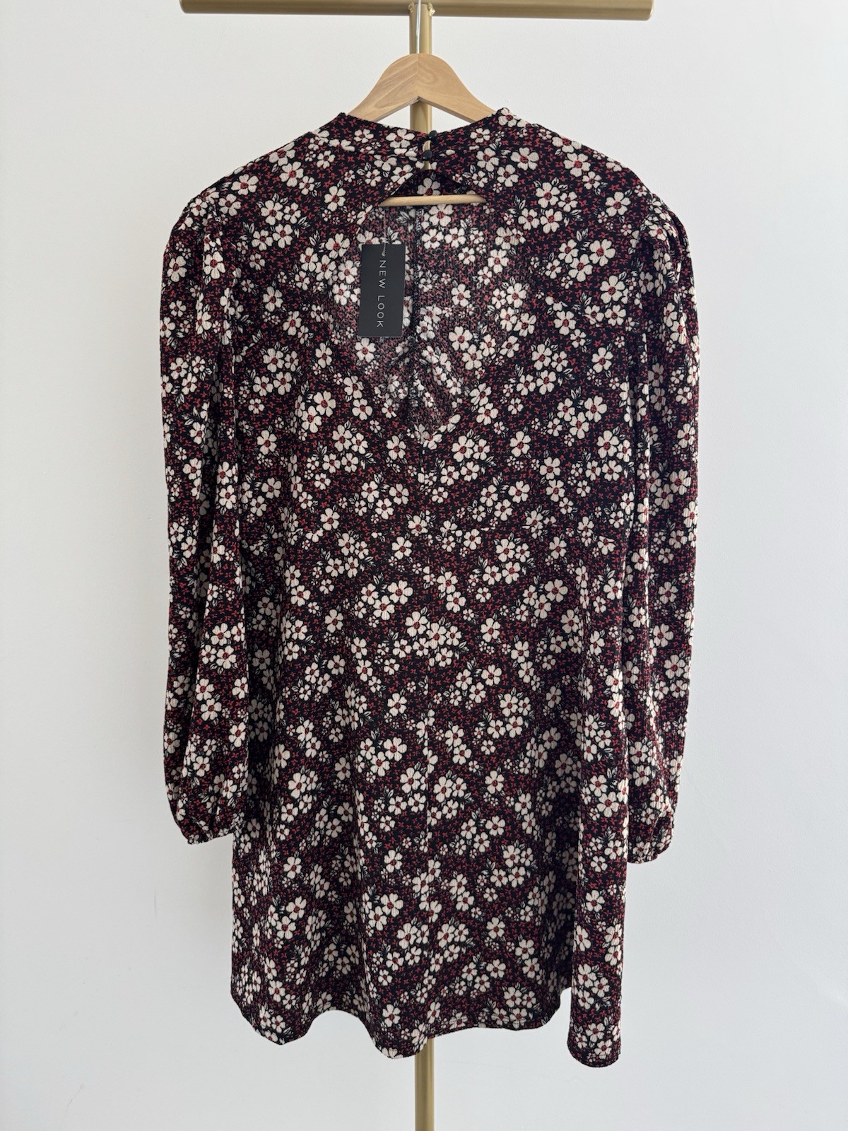 New Look Floral Mini Dress UK 18 Black Red Cream Long Sleeve Keyhole Open Back