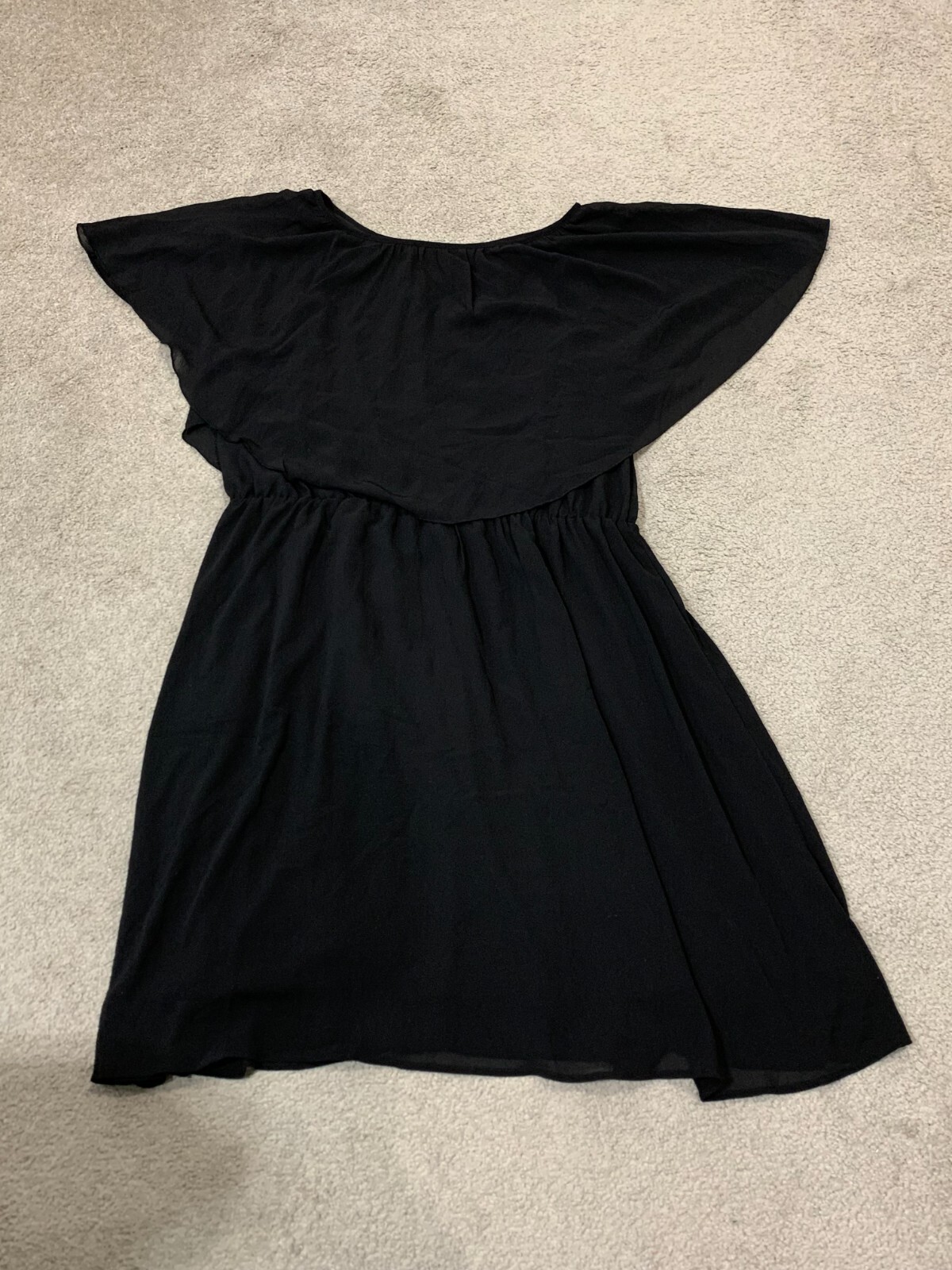Black Chiffon Fit Flare Dress Womens size XXL Shawl Collar Elastic Waist Knee