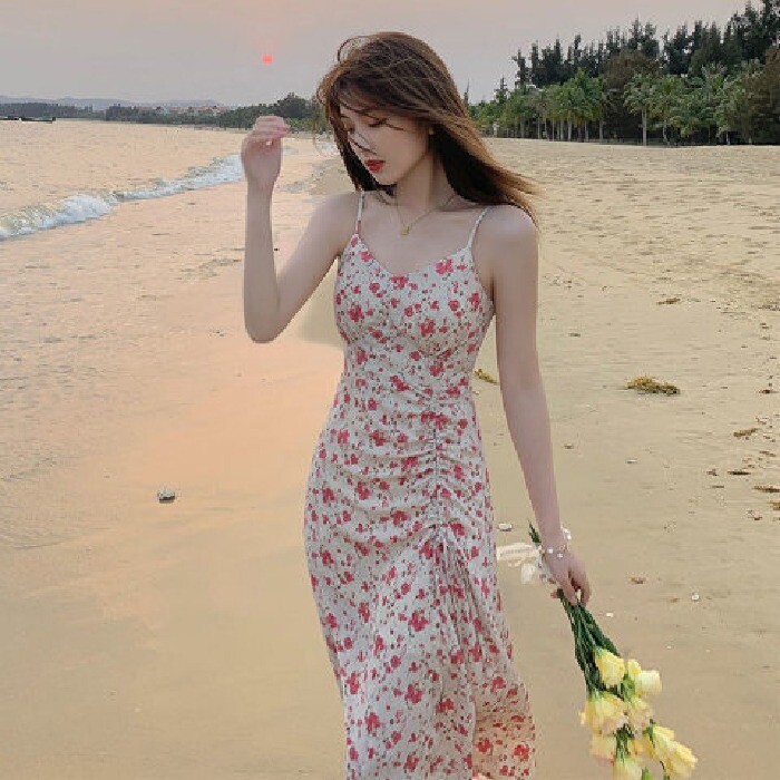 Dress V-neck Floral Strap Slimming and Loose Fitting Medium Length Style