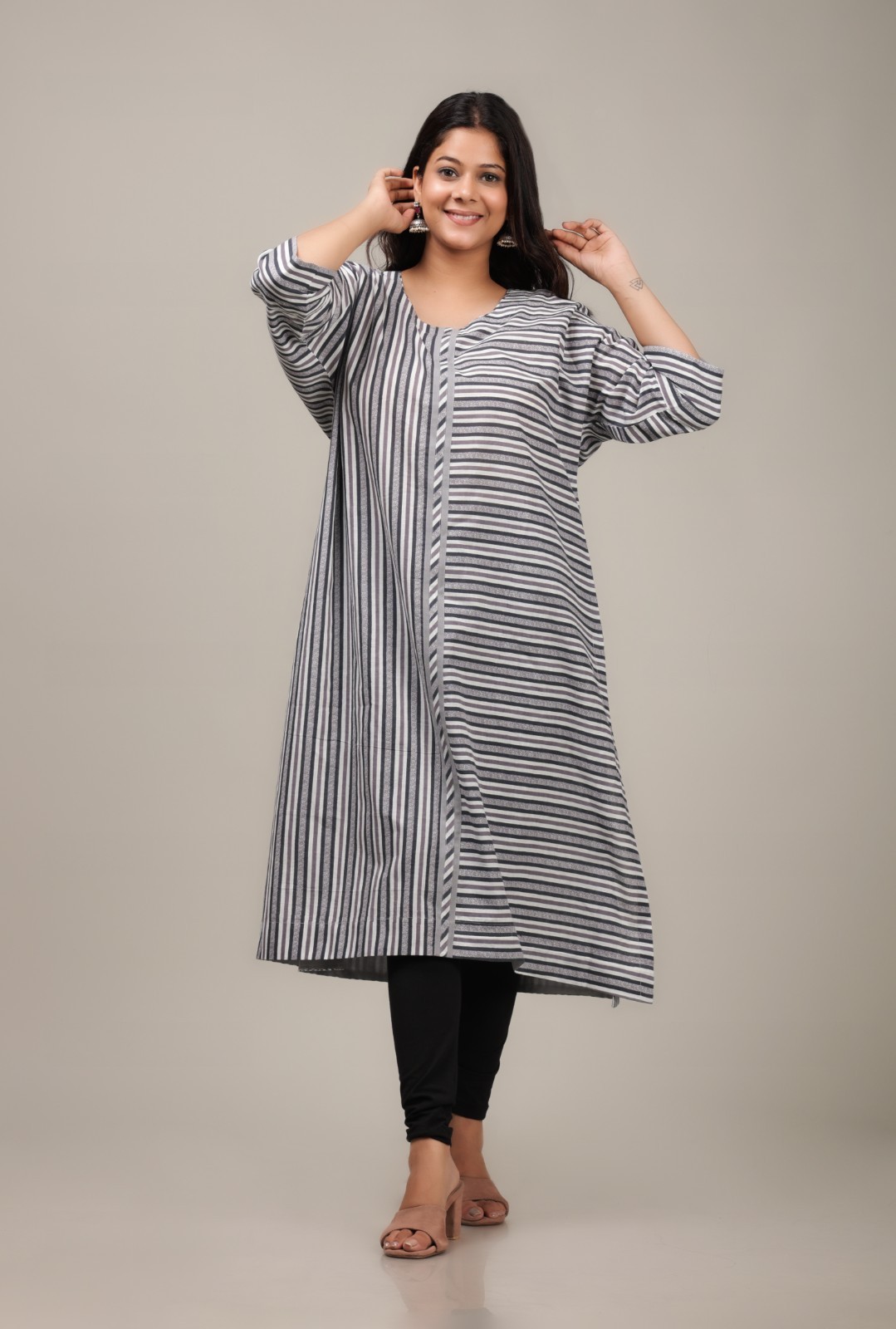 Womens Cotton Beach Cover Up Striped Summer Resort Wear Kaftan Swimsuit Tunic -M