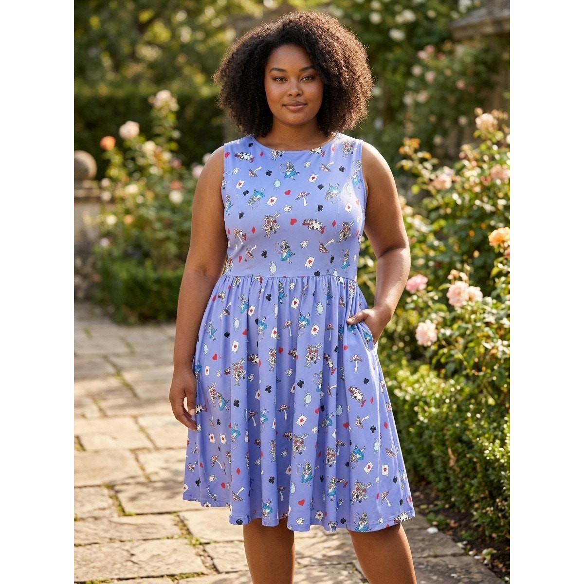 Vintage Dress Lindy Bop Alice in Wonderland Character Print size 18 Blue/Purple