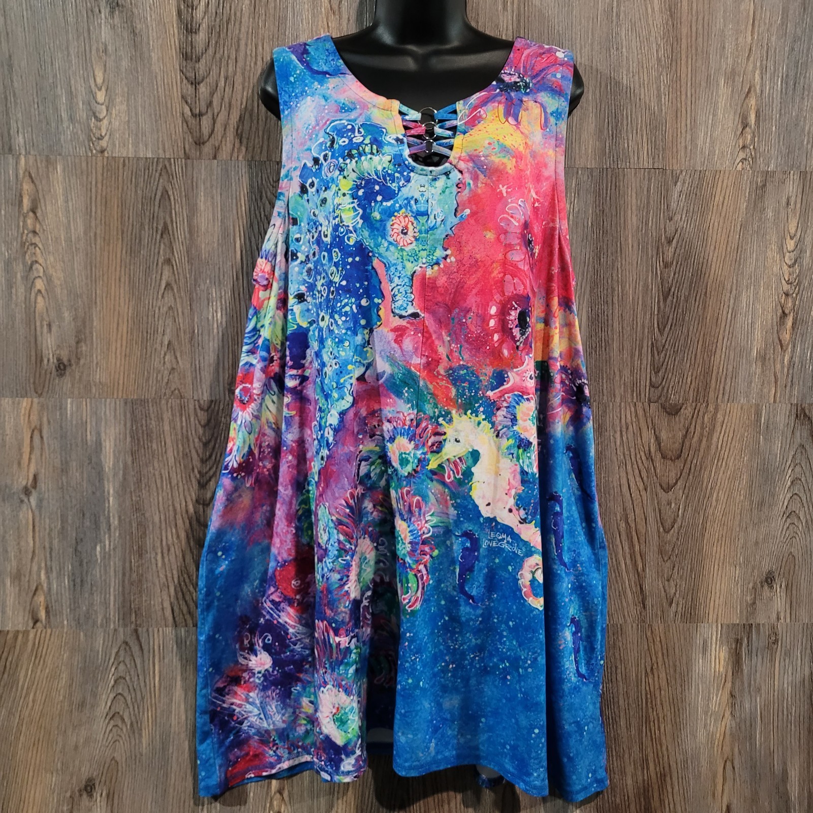 Leoma Lovegrove Tropical A-Line Dress XL Colorful Seahorse Sea Urchin Resort Art