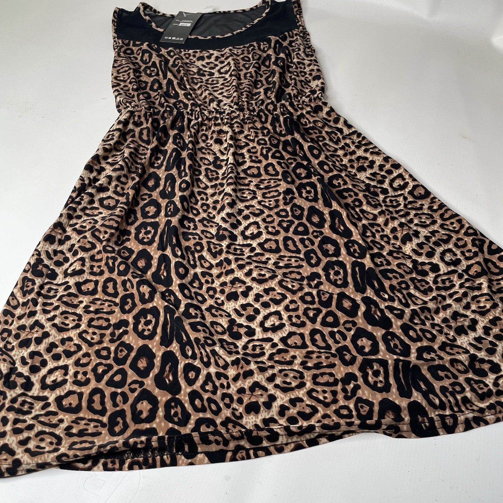 rtu Women’s M/L Brown Black Leopard Sheer Mesh A-Line Knee Dress TJ00029