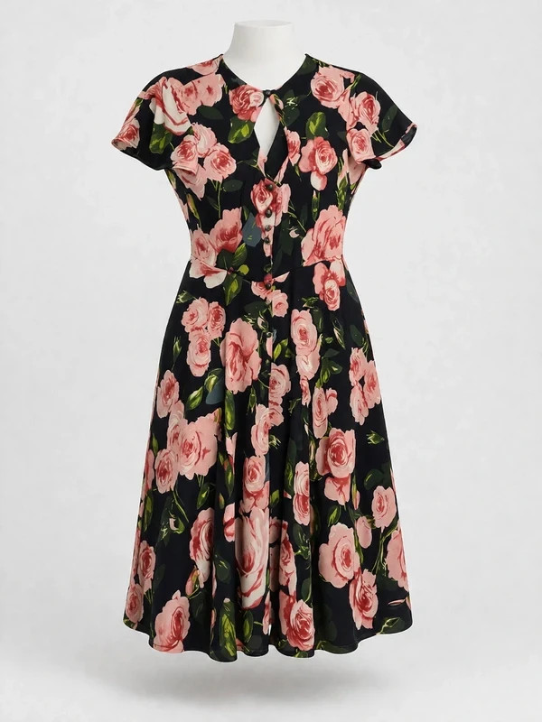 Unique Vintage Floral Dress Keyhole Neckline Size Large