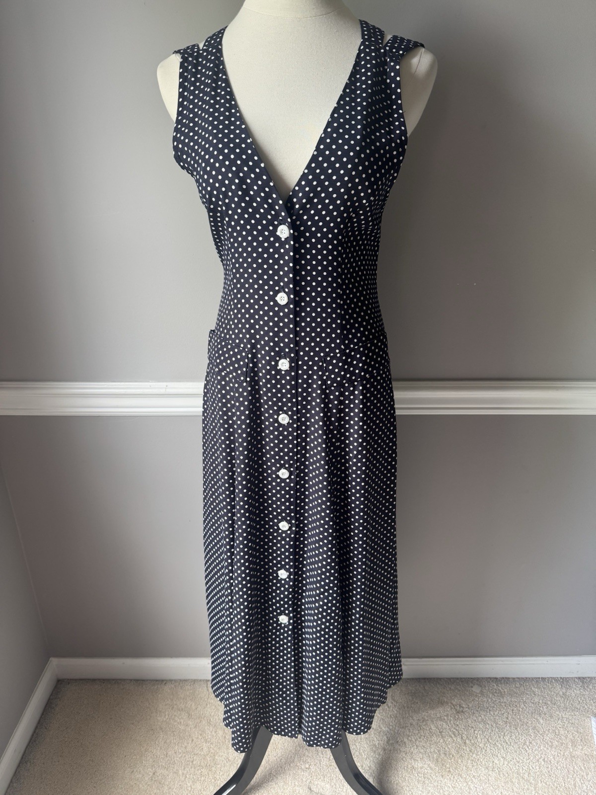 Women’s Navy White Polka Dot A-Line Midi Dress Sleeveless V-Neck Button 6