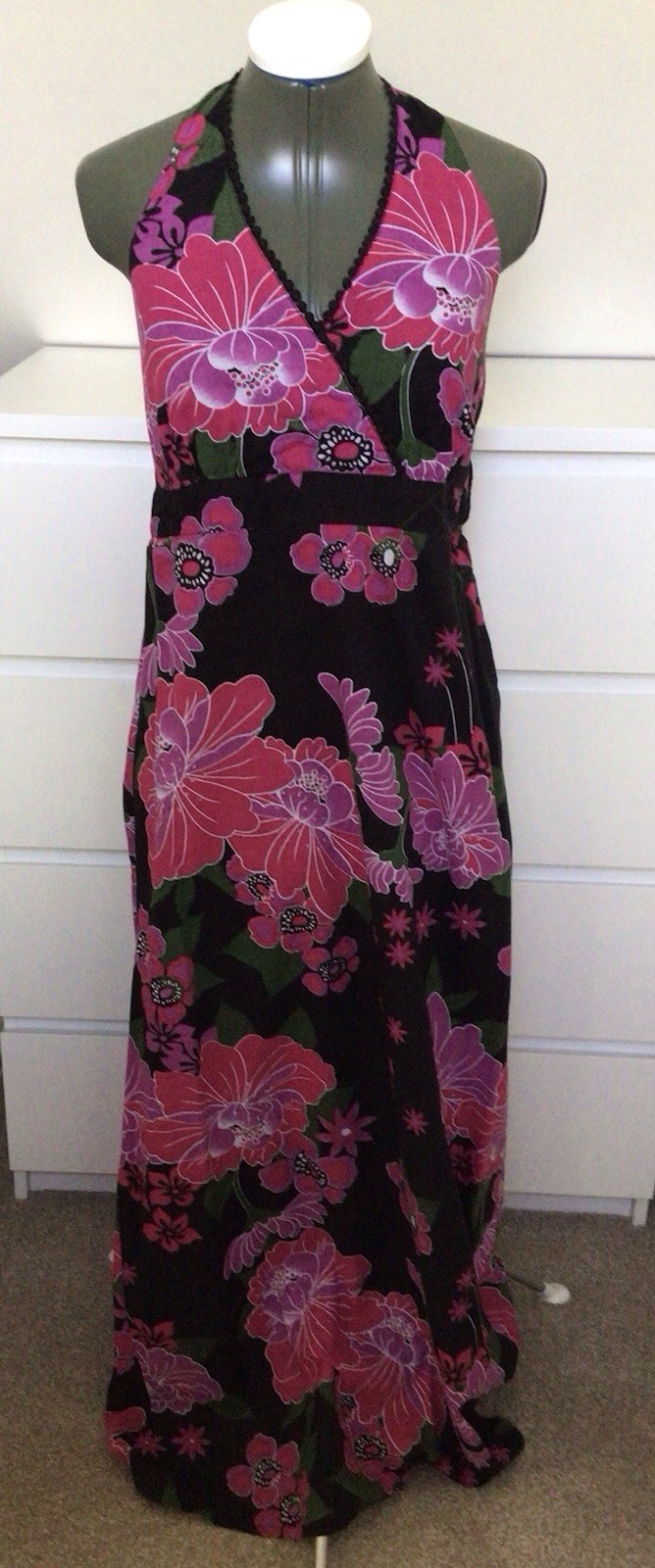 100% Cotton Tropical Pink Hibiscus Maxi Dress 14 Beaded Halterneck Boho Holiday