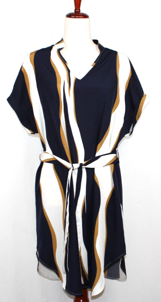 Abstract Stripped Navy, White, Tan 100% Polyester Women’s L Dress w/Belt