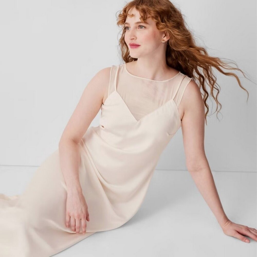 Women’s Sleeveless Mixed Media Ankle Slip Dress – Future Collective Cream L