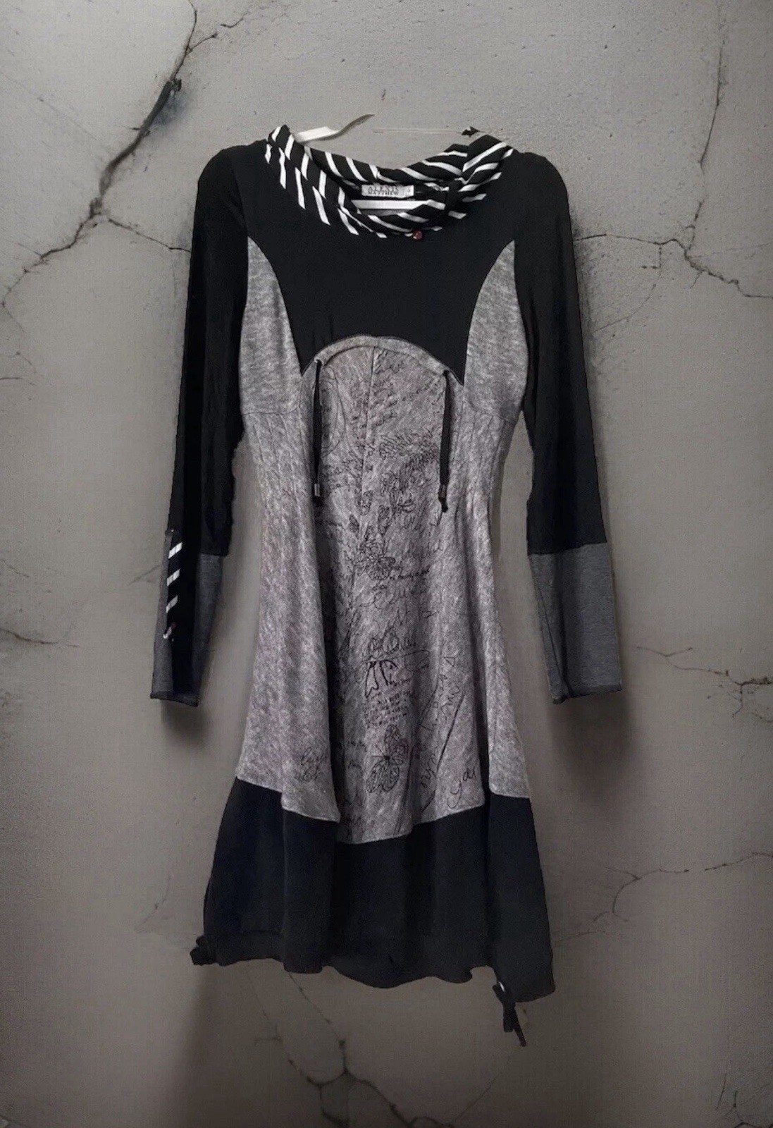 Whimsigoth Gothic Multi-Fabric Linen Cotton Blend Black/Gray LS Eclectic Dress L